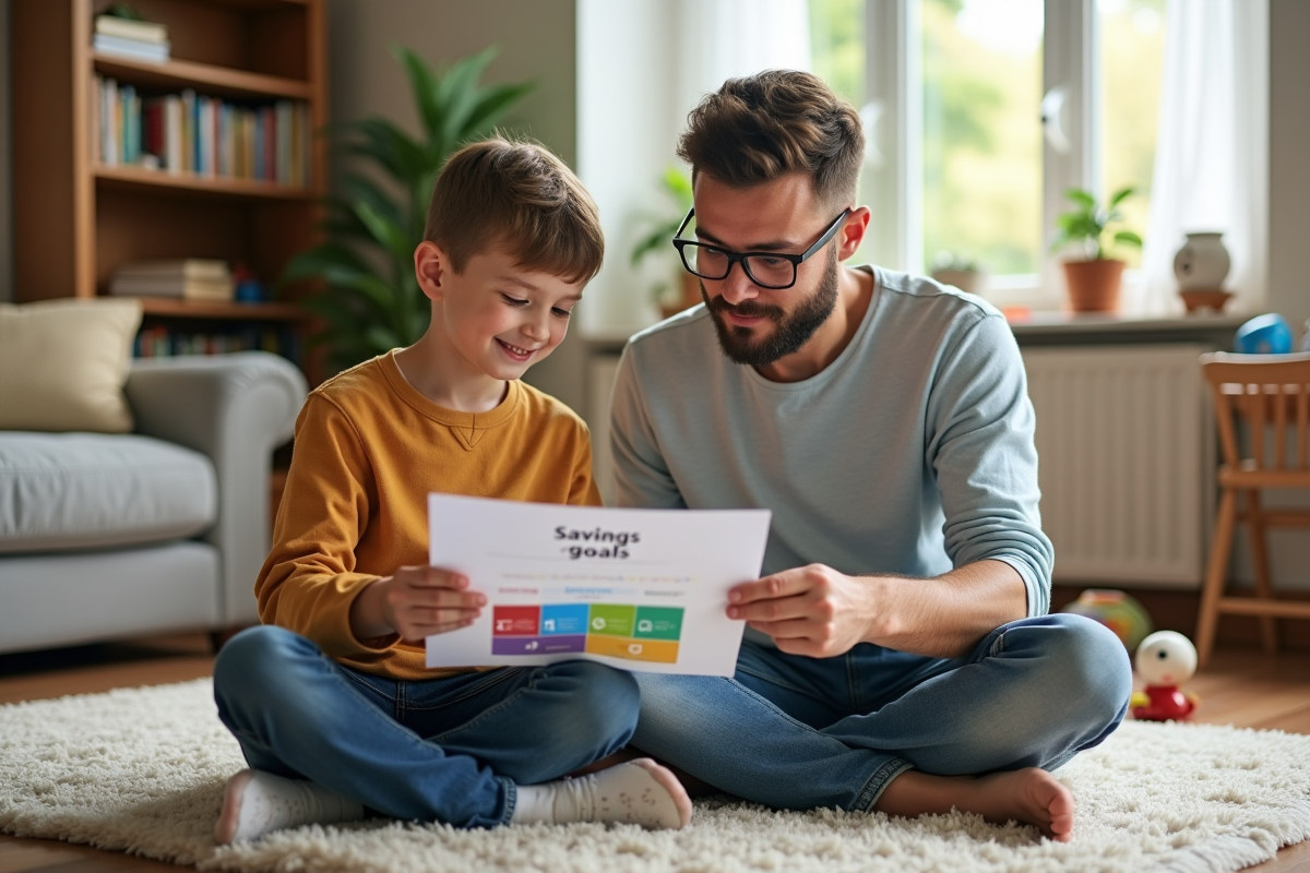 Père et fils regardent un tableau d