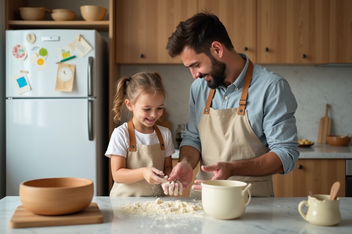 Père et fille cuisinant ensemble dans une cuisine lumineuse