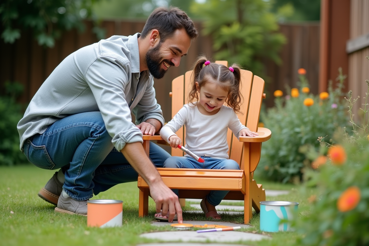 Pere et fille peignant une chaise en bois dans le jardin en famille