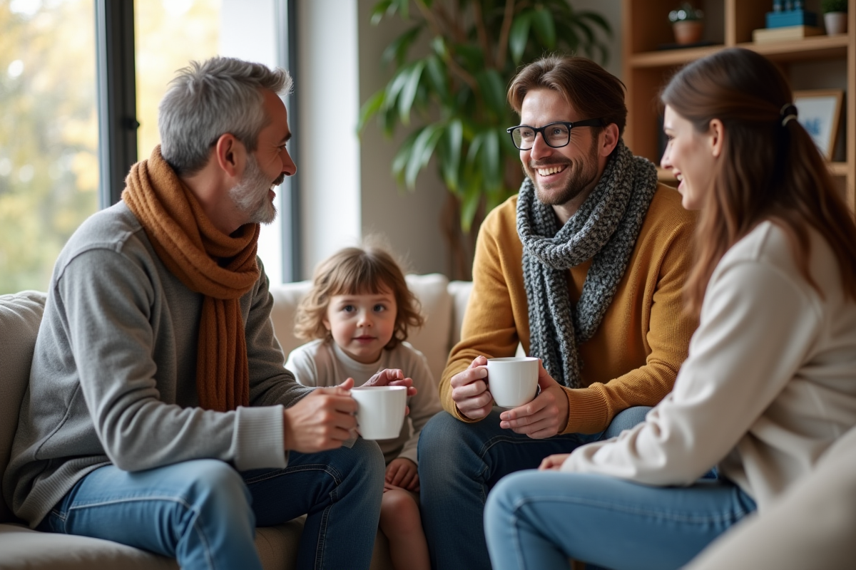 Parents discutant autour d un café dans un salon moderne et chaleureux