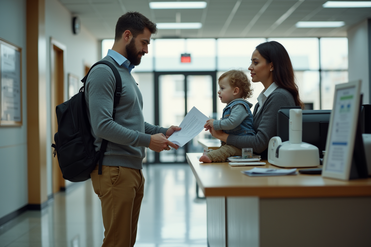 Pere avec son enfant au guichet d