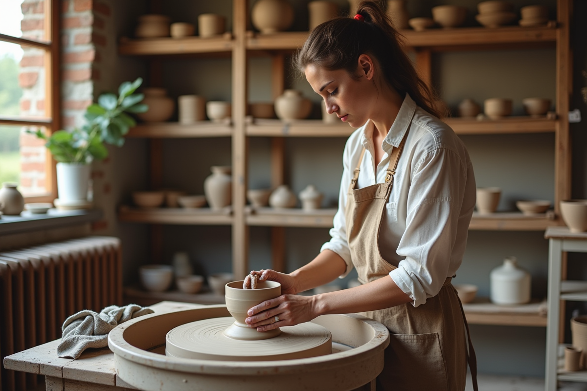 Femme céramiste façonnant une poterie sur le tour