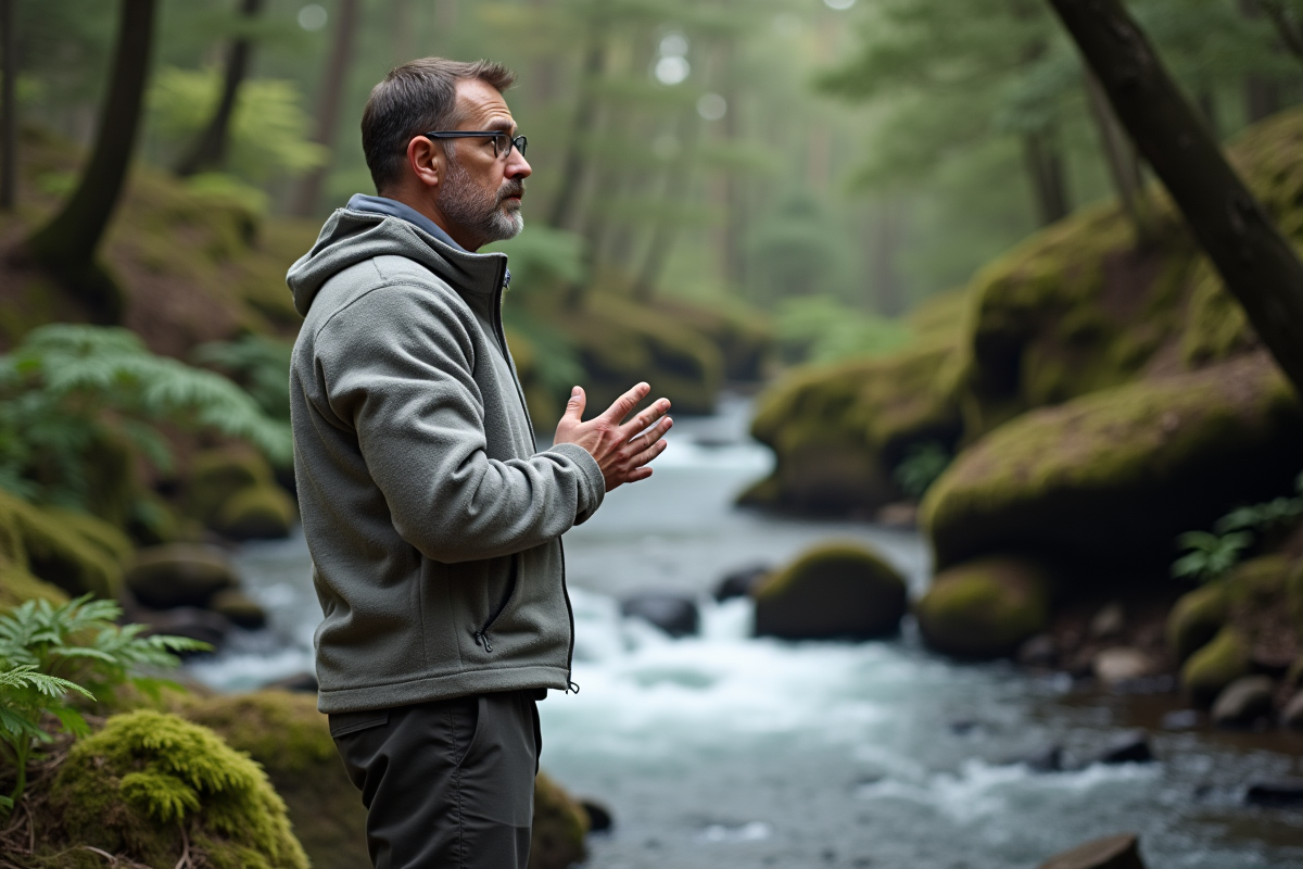 Homme contemplant un ruisseau en forêt calme