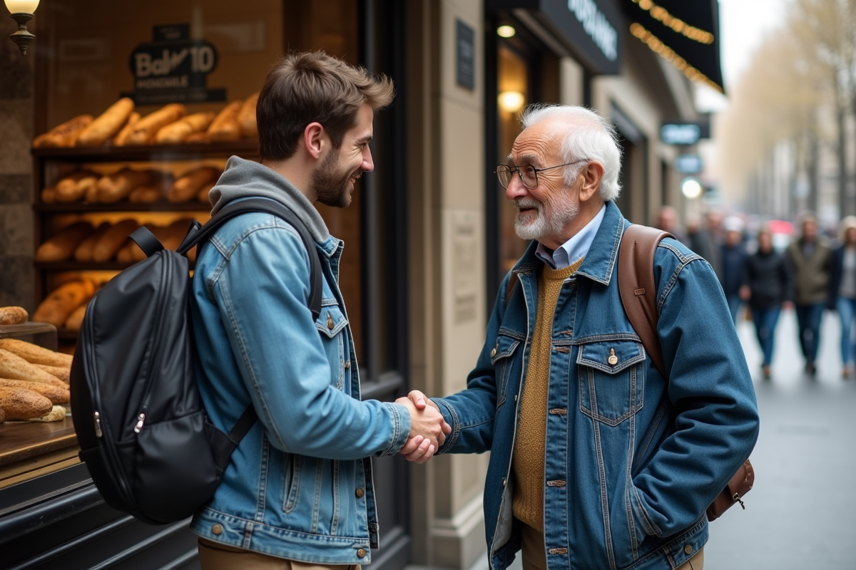 Jeune homme serrant la main d un vieux parisien devant une boulangerie
