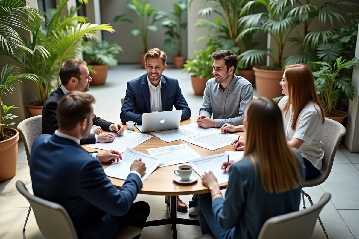 Groupe de collègues en discussion dans un atrium lumineux