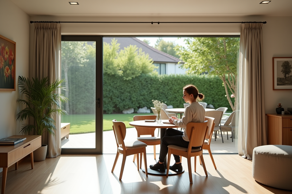Salon spacieux avec femme lisant près d une terrasse lumineuse